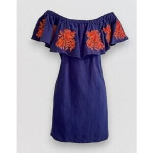 Umgee Womens Small Off Shoulder Blue Top Red Embroidery Cotton Poly Blend